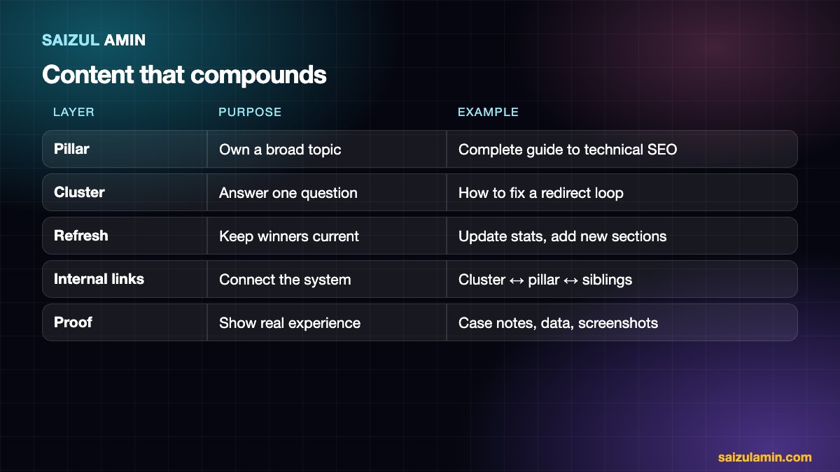 Table describing pillar, cluster, refresh, internal links and proof layers of a content strategy