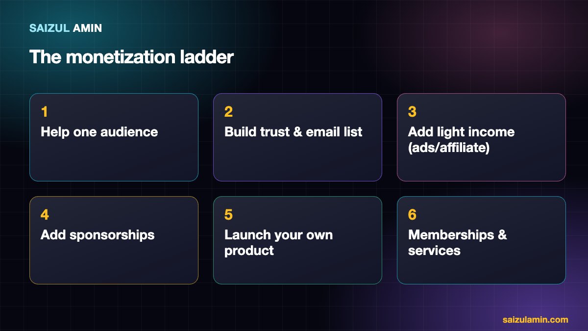 Six-step monetization ladder for content creators from audience building to memberships and services