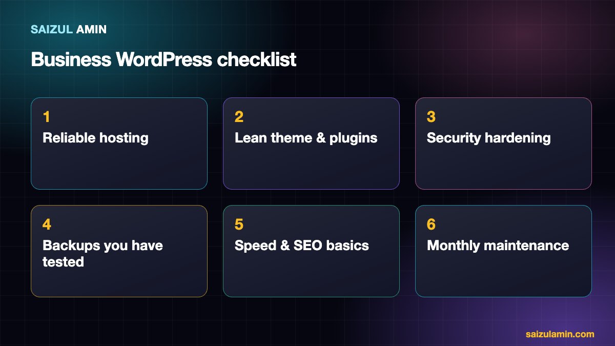 Six-part checklist for business WordPress websites: hosting, plugins, security, backups, speed and maintenance