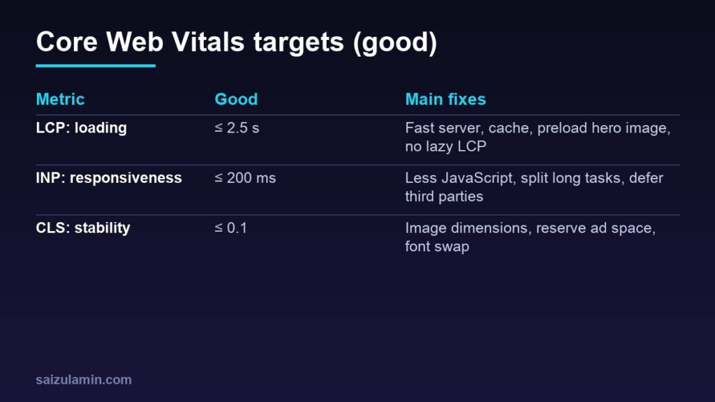 Core Web Vitals targets: LCP under 2.5 seconds, INP under 200 milliseconds, CLS under 0.1, with main fixes for each