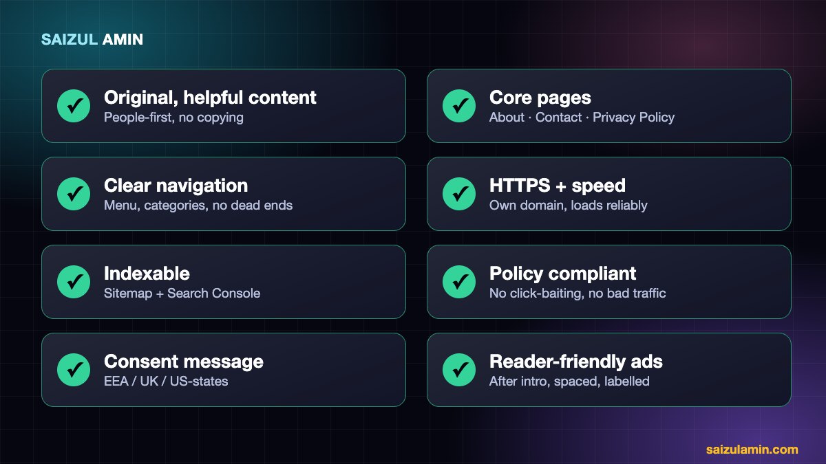 Checklist for Google AdSense approval: original content, required pages, navigation, HTTPS and speed, indexing, policy compliance, consent and ad placement