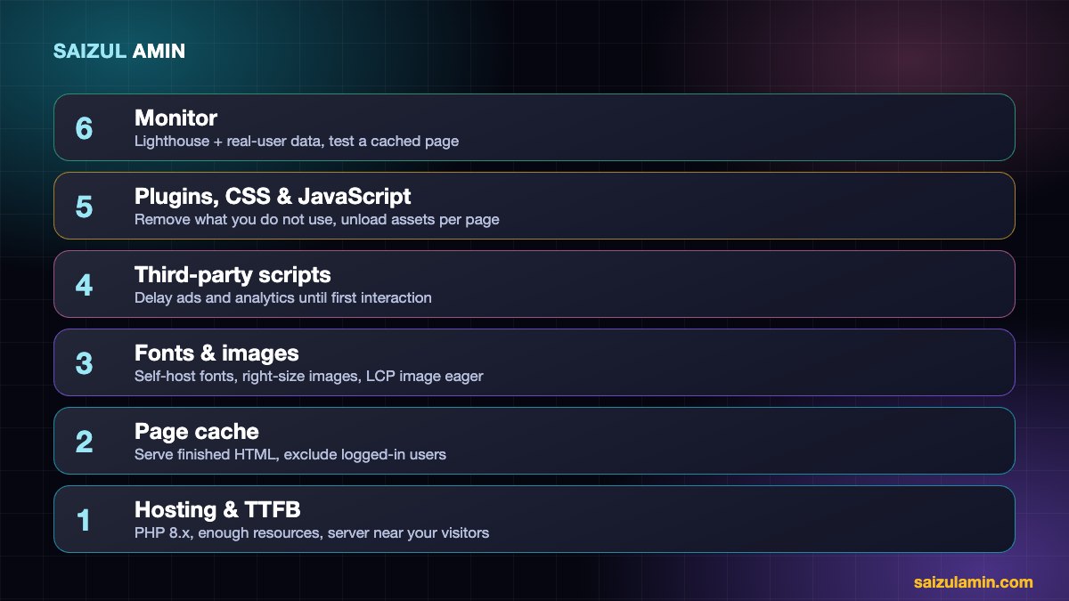 Diagram of WordPress speed optimization layers: hosting, page cache, fonts and images, third-party scripts, plugins and monitoring
